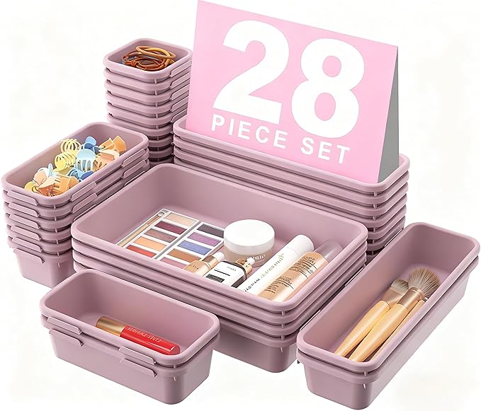 A-LuGei 【Military Grade】 Drawer Organizer, 【𝟱𝗦𝗶𝘇𝗲】 Makeup organizer, 【Holds 177 Items】 Bathroom Organizers and Storage, Organization and Storage, Desk Drawer Organizer for Vanity (Lilac)