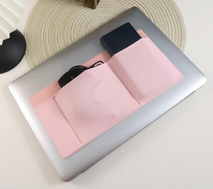 AMOZIFY® 3-Pocket Organizer, Mouse Holder for Laptop Stick On, Adhesive Pouch & External Hard Drive Sleeve, SSD Storage Case for MacBook, Reusable (Pink)
