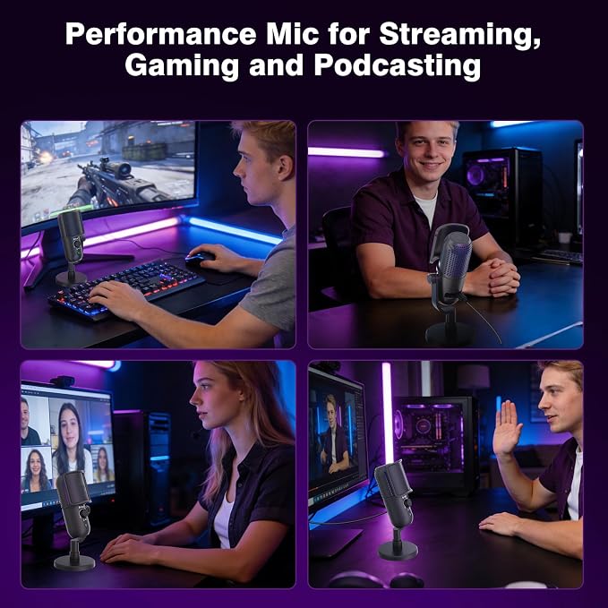 USB Microphone for PC Gaming,Streaming&Podcast,Plug & Play RGB Desktop Mic with One-Touch Mute,Cardioid Noise-Canceling Computer Mic for Twitch,YouTube,Recording on PC & Laptop(Black)