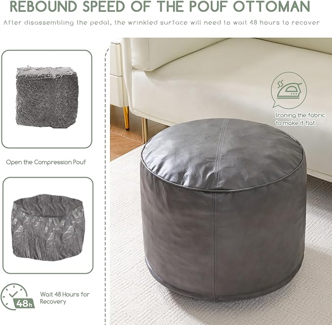 HIGOGOGO Round Stuffed Pouf Ottoman, Pu Leather Poufs with Foam Chunk Filling Foot Stool Storage Ottoman, 26 X 18 Floor Poufs Foot Rest for Living Room, Grey