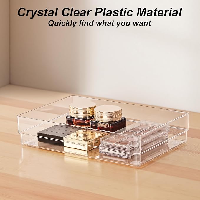 SMARTAKE 25-Piece Drawer Organizer with Non-Slip Silicone Pads, 4-Size Desk Drawer Organizer Trays Storage Tray for Makeup, Jewelries, Utensils in Bedroom Dresser, Office and Kitchen (Clear)