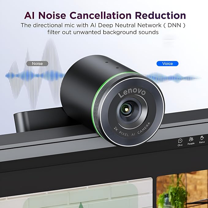 Lenovo QHD Webcam, AI Noise Cancellation and Enhanced Image Quality, 2K Resolution, 2X Digital Zoom, Physical Privacy Shutter, Directional Microphone, Teams Certified, Black