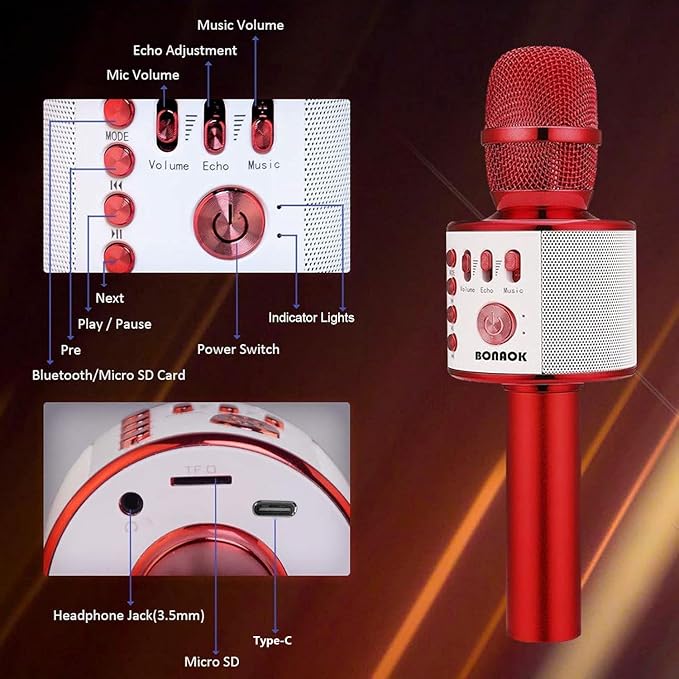 BONAOK Wireless Bluetooth Karaoke Microphone,3-in-1 Portable Handheld Mic Speaker Machine Birthday Home Party for PC or All Smartphone(Q37 Red)