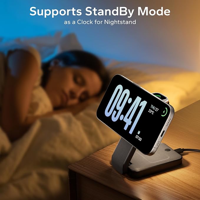 Eazpower 3 in 1 Foldable Wireless Charging Station for MagSafe, Nightstand Magnetic Charger Stand for iPhone 17 16 15 14 Pro Max, Travel Charging Dock with Night Light for Apple Watch/AirPods (Black)