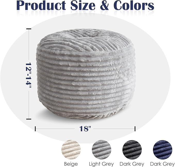 Round Ottoman,Corduroy Pouf Ottoman Foot Rest,Storage Footstool for Living Room,18x14 Soft Floor Poufs,Memory Foam Filling - Light Grey, 18x14 in