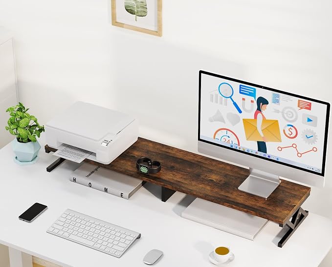 Dual Monitor Stand Riser, Large Wood Monitor Riser for 2 Monitors, Monitor Lift with Storage for Desk, Sturdy Wood&Steel Multi Screen Stand, Desktop Organizer Monitor Stand for Computer
