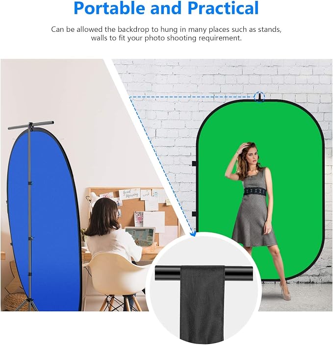 5x6.5ft Pop Up Green Screen, 2-in-1 Blue & Green Collapsible Chroma Key Backdrop for Live Streaming, Zoom Calls, Photography
