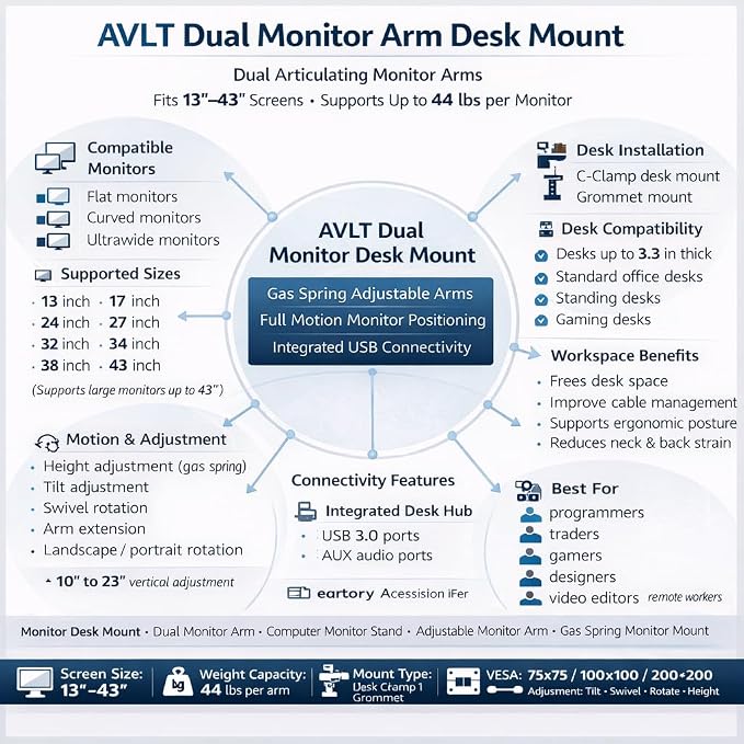 AVLT Dual Monitor Arm Desk Mount for 13"–43" Flat/Curved Screens with USB-A Pass-Through, Full Motion Height Adjustable Swivel Tilt Rotation VESA/C-Clamp/Grommet/Cable Management, White