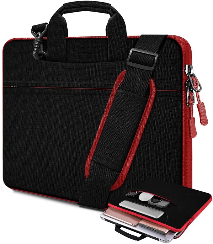 Laptop Case 13.3 inch Shoulder Bag, Shockproof Water-Resistant Handbag with Strap Compatible with MacBook Pro/Neo 14" M5/M4/M3/M2/M1,Mac Air/Pro 13.3",XPS 13/14,Most 13-14 Notebooks，Black red