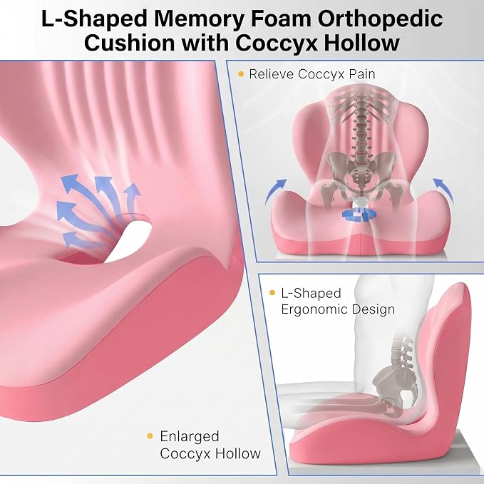 Ergonomic Office Chair Seat Cushion, L-Shaped Memory Foam Coccyx Cushion for Tailbone Pain Relief, Orthopedic Car Seat Cushion with Lumbar Support & Cutout Hollow for Sciatica & Back Pain (Pink)