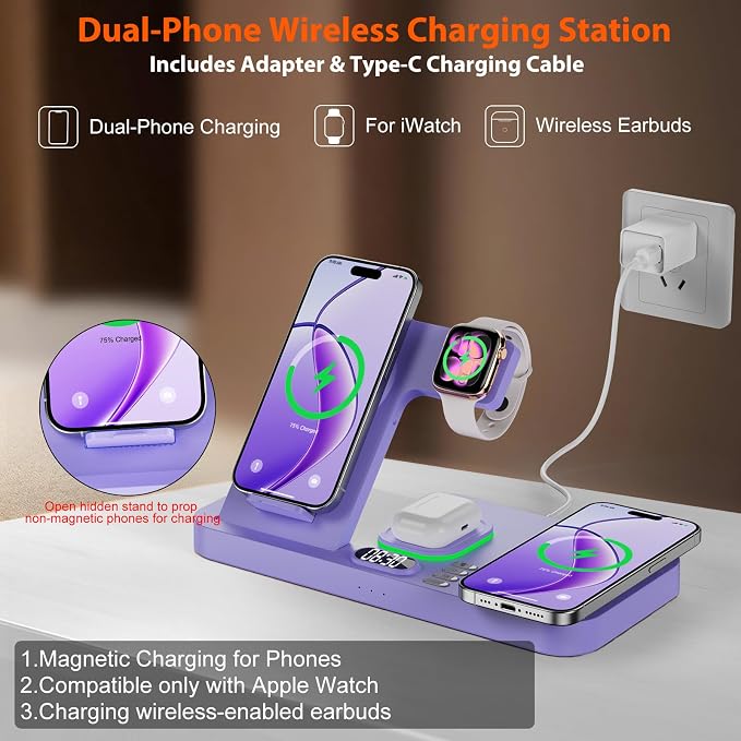 Dual Phone Magnetic Wireless Charging Station for Apple Devices/Apple Ecosystem, 7-Color Auto Light & 12H Clock, Multi-Device Charger for iPhone 17/16/15, for iWatch 11/10/9 & AirPods Pro3(Purple