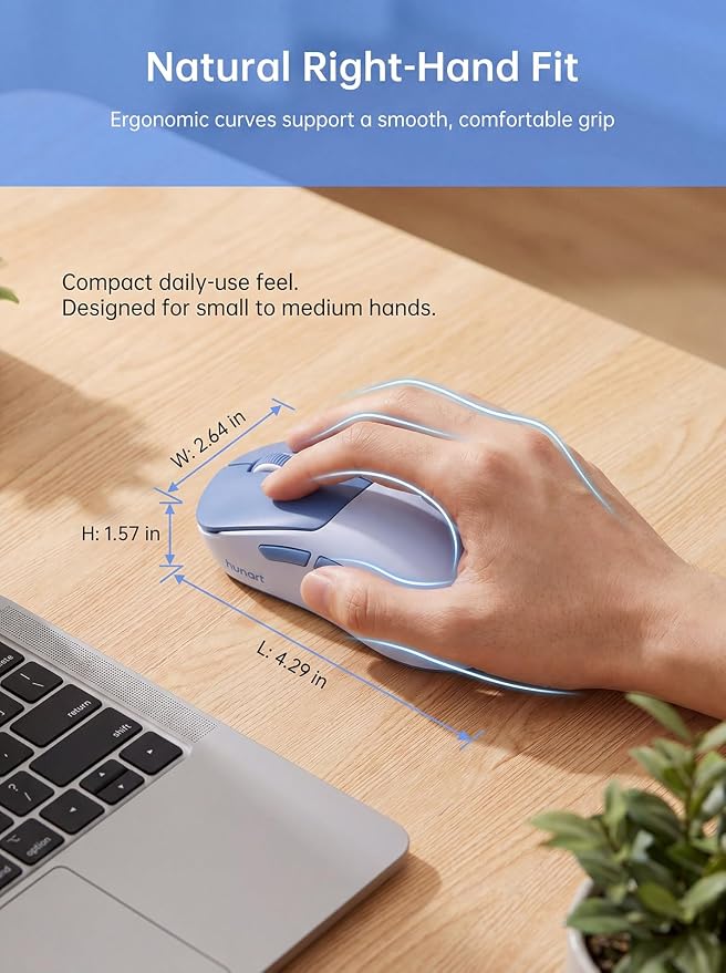 hunart H6 49g Wireless Mouse, Bluetooth & 2.4GHz Rechargeable Mouse, Lightweight Silent Ergonomic Mouse with USB-C Charging, Portable Right-Hand Mouse for Laptop, PC, MacBook, Office (Blue)