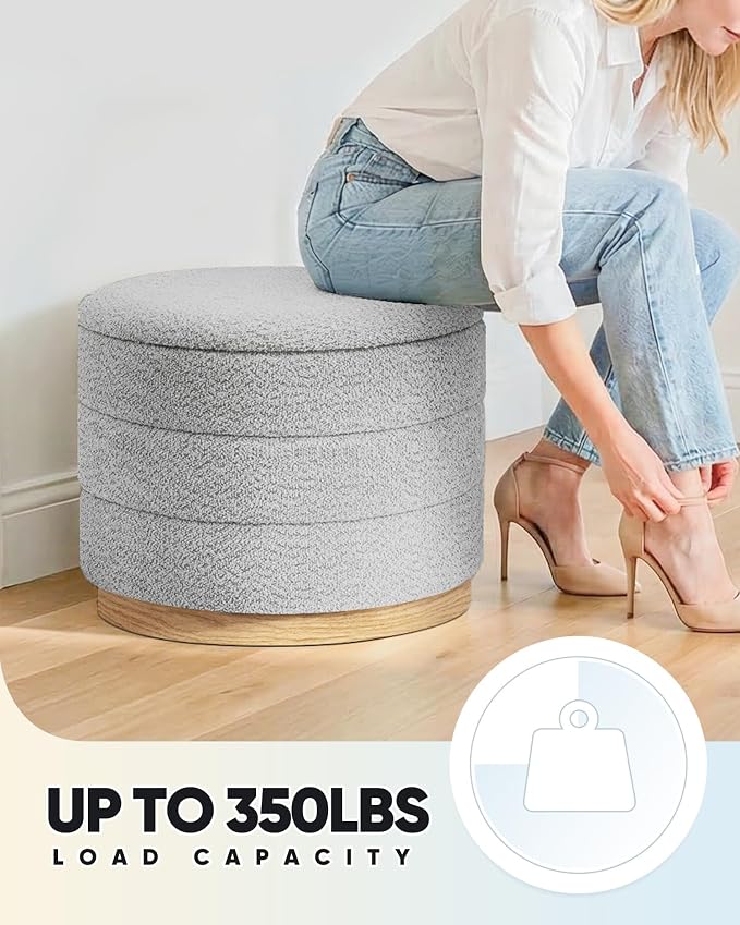 B FSOBEIIALEO Round Storage Ottoman with Tray, Folding Ottoman with Storage Coffee Table Foot Rest for Dorm Room Living Room Chenille Fabric,Sliver Grey,22.83"x22.83"x17.34"
