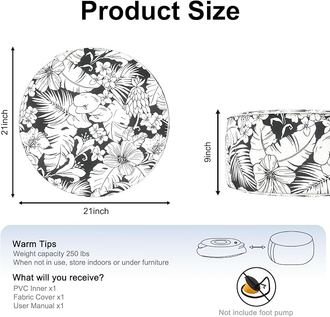 DYTXIII Inflatable Ottoman Stool D21 xH9 for Outdoor/Indoor Use, Water Repellent Patio Foot Rest with Portable Handle,Round Pouf Ottoman Suitable for Garden,Deck and Camping-Tropical Blossom Noir