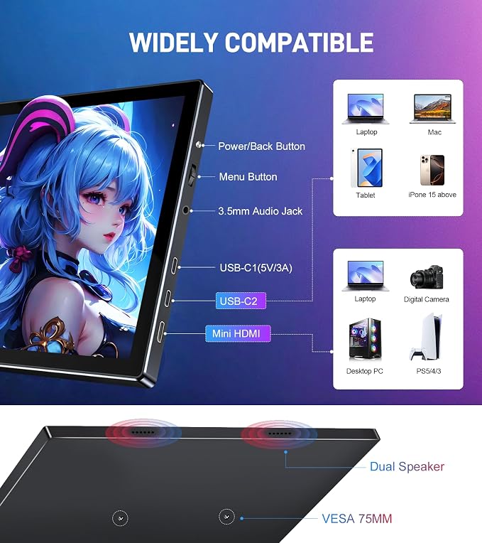 10.1 Portable Touchscreen Monitor - 1920×1200 FHD IPS 16:10,100% sRGB 1500:1,10-Point Touch Diaplay with Speaker HDMI USB-C VESA Magnetic Case for Travel Mac PC Xbox PS4/5 Loptop Phone(black dark)