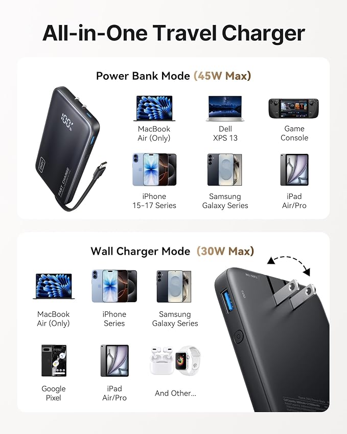 INIU Portable Charger, Ultra Small 45W Fast Charging Power Bank with Built-in AC Wall Plug, 10000mAh GaN 3-in-1 Battery Pack for Flight-Safe Travel, for iPhone 17 16, Samsung S26, iPad etc, Black