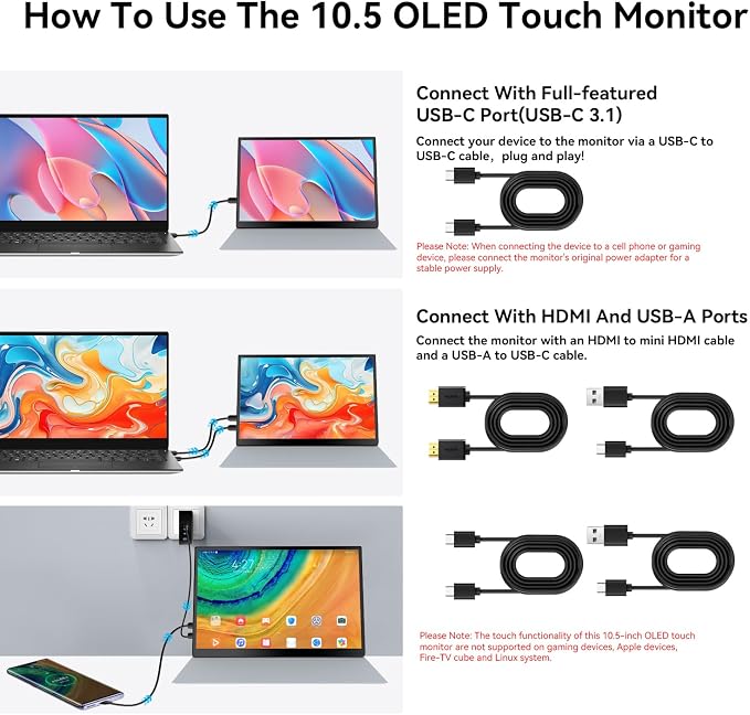 Prechen 10.5" OLED Touchscreen Portable Monitor 2.5K 2560x1600, 100% NTSC, 54000:1 Contrast, Mini Second Touch Display with Protect Case & Speaker, USB-C, HDMI, Small Screen for Laptop Mini PC Phone
