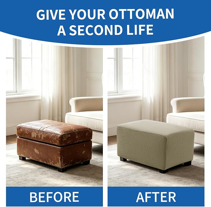 Ottoman Covers Ottoman Slipcovers Folding Storage Stool Washable Furniture Protector,Elastic Foot Stool Foot Rest Protector for Living Room Bedroom,X-Large,Khaki