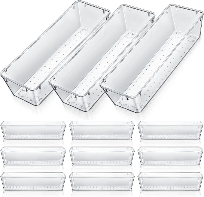 Maitys 12 Pcs Clear Drawer Organizer 9 x 3 x 2 Inches Plastic Rectangle Trays Makeup Vanity Storage Bins and Kitchen Drawers Dividers for Office Desk Silverware Kitchen Utensils(Clear)