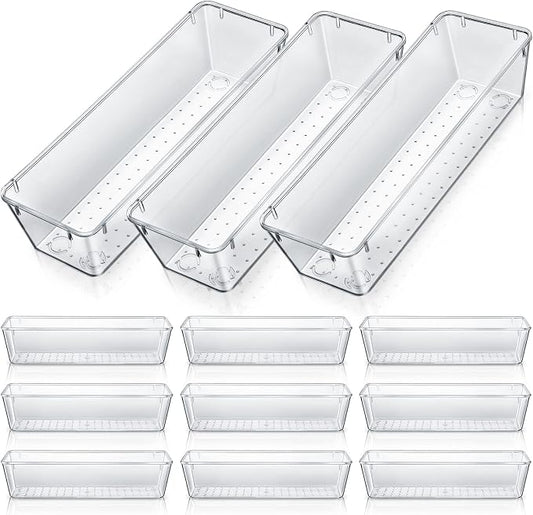 Maitys 12 Pcs Clear Drawer Organizer 9 x 3 x 2 Inches Plastic Rectangle Trays Makeup Vanity Storage Bins and Kitchen Drawers Dividers for Office Desk Silverware Kitchen Utensils(Clear)