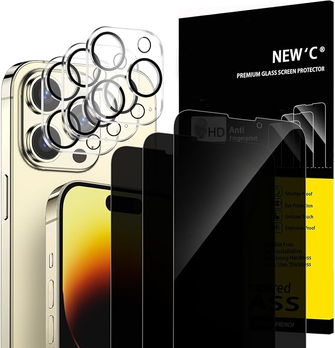 NEW'C 3x Privacy for iPhone 14 Pro Max Screen Protector (6.7 inches)+ 3x Camera Lens Protector, Sensor Protection, Tempered Glass Film + Dust Plug - Enhanced Privacy Angle of 28 Degrees