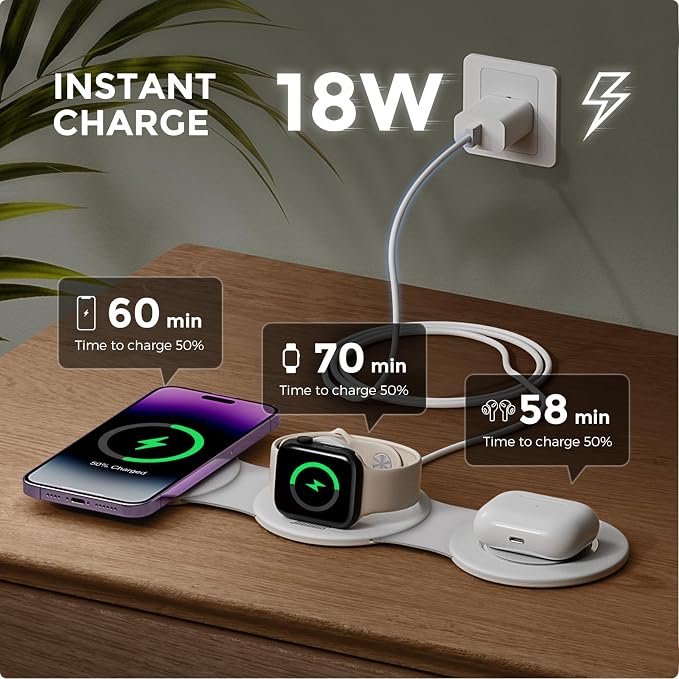Hicober 3 in 1 Wireless Charging Station for iPhone 15, Magnetic Foldable Travel Charger Station Stand 18W for iPhone Air 17 16 15 14 13 12 Pro/Max/Plus/Apple Watch All Series & Airpods