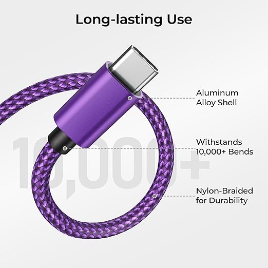 Basesailor for iPhone 17 16 Pro Max Charger Cord,USB to USB C Cable,Type C Charging Power Cord for Apple 17e 15 iPad 10 Air 4 5,Samsung Galaxy S26 S25 S24 S23,Purple,2Pack 6.6FT(2M)