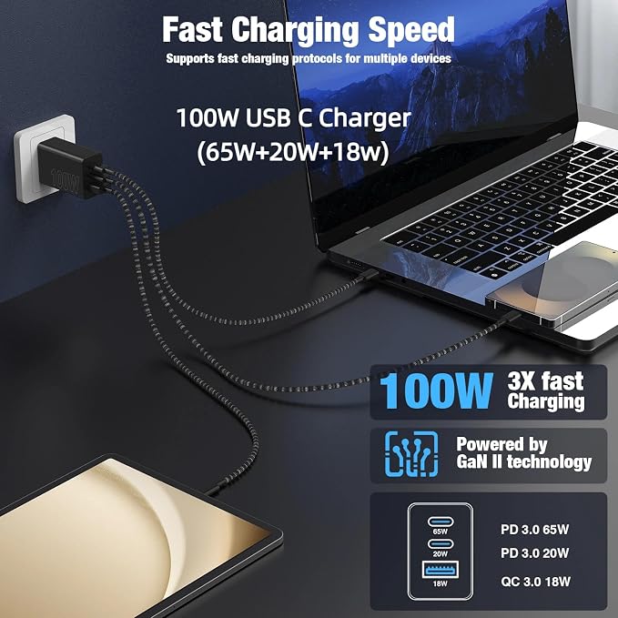 65W Super Fast Charger Type C for Samsung,3 Port 100W Quick Charging 3.0 USB C Block & 3/6/10/10FT Braided Type C Cord for Samsung Galaxy S26 Ultra/S26/S25 Ultra/iPhone 17 Pro/MacBook Pro/Air-Blue