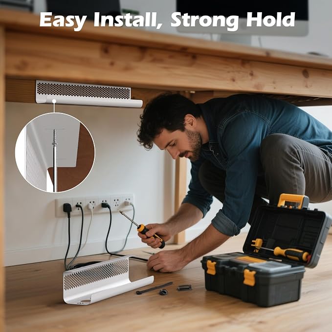 KHAMAL Cable Management Under Desk 52PCS - Cable Management Tray Kit Ventilated Hexagonal Design with Cable Clips, Wire Ties, Cord Holder & Screws for Office, Home - 4 White Sets