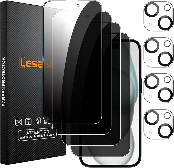 Lesakit 4+4 Pack Privacy Screen Protector for iPhone 15 Plus 6.7-Inch with 4 Pack Camera Lens Protector, Anti Spy Tempered Glass Film 9H Hardness Case Friendly