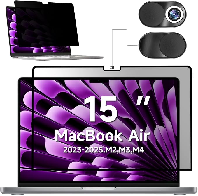 Mamol Privacy Screen for MacBook Air 15 Inch (2023-2025, M2, M3,M4)- A2941 A3114, MagicSuction™ Removable Vacuum Adsorption Anti Spy,Anti Glare Anti Blue Light Filter for Mac Laptop Computer