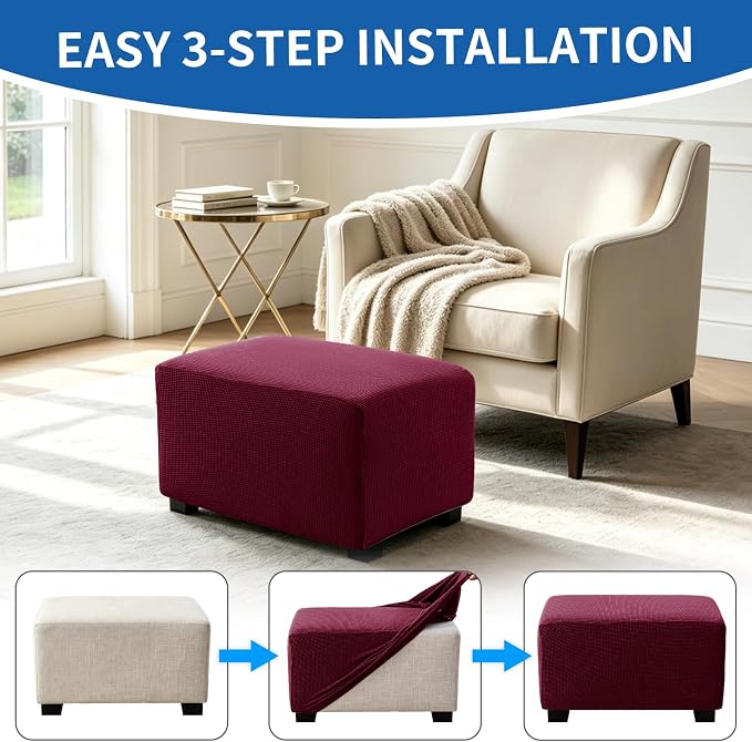 Ottoman Covers Ottoman Slipcovers Folding Storage Stool Washable Furniture Protector,Elastic Foot Stool Foot Rest Protector for Living Room Bedroom,Large,Wine Red