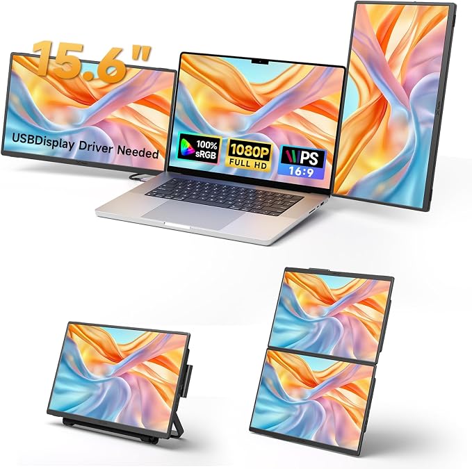 JSAUX FlipGo Horizon Pro Laptop Screen Extender 15.6 Inch, Patented Snap-Lock Technology, 1080P FHD IPS Dual Screen Monitor, Triple Screen Laptop Monitor Extender Compatible with Windows/macOS/MacBook