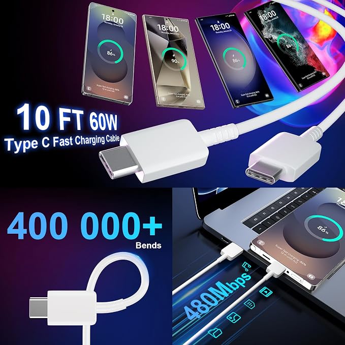 USB C Android Charger Fast Charging Cord, Super Fast Phone Chargers 10FT C to C Type Cable with 25W USBC Wall Block for Samsung Galaxy S26 S25 S24 Ultra Plus/S23/S22/S21/S20/Note 20/10, White