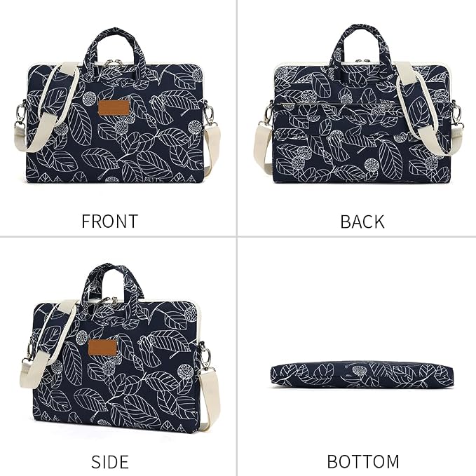 canvaslife Patten Waterproof Laptop Shoulder Messenger Bag Case Sleeve for 14 Inch 15 Inch Laptop Briefcase 15.6 Inch (Blue leaves)