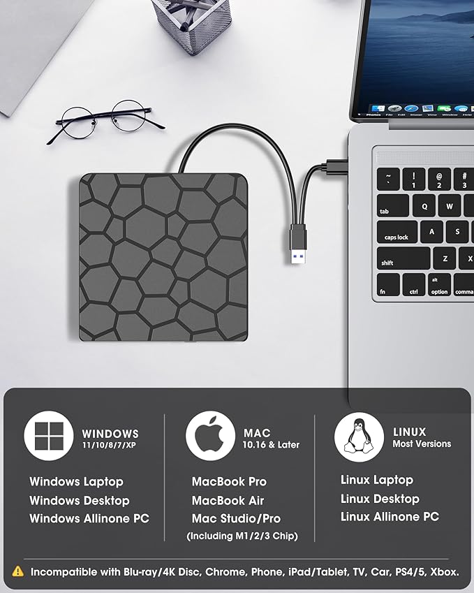 ROOFULL External CD DVD Drive for Laptop, USB 3.0 & USB-C Portable CD/DVD-RW Disc Drive Reader Burner Writer Player for Windows 11/10/8/7 Laptop Mac MacBook Linux PC, RF868
