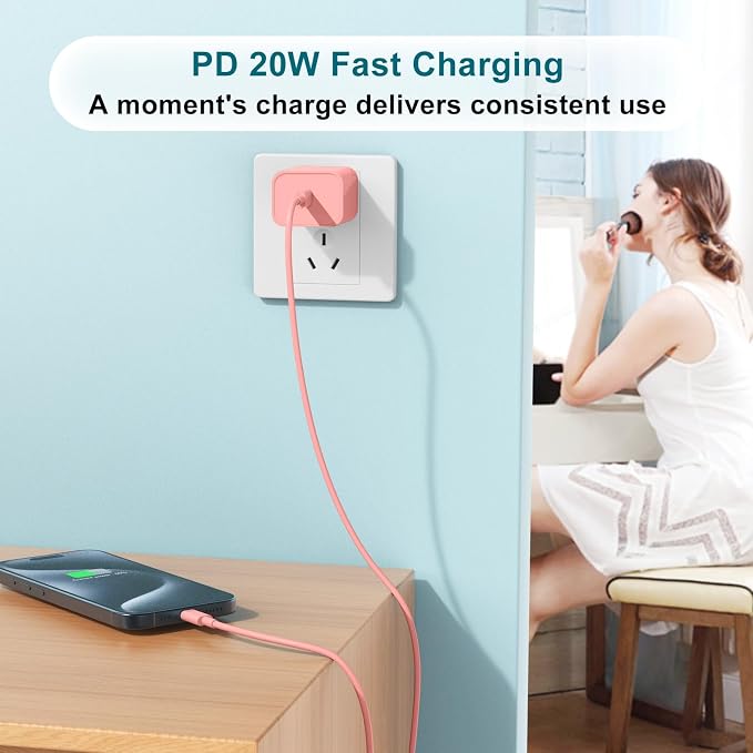 Fast Charger for iPhone 17 16 15 Charger Fast Charging, 6+10ft USBC to USBC Cable Cord &20W Type C Block for iPhone 17 Air, 16e, 17 16 15 (Pro Max/Pro/Plus), iPad Pro/Air/Mini, Pink
