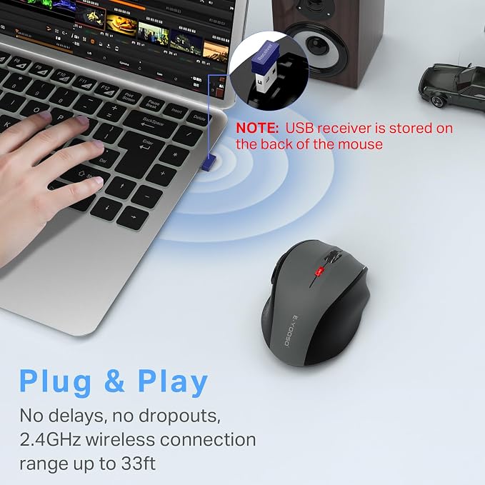 E-YOOSO Wireless Mouse for Laptop, Portable Optical Computer Mouse, 6 Buttons, Cordless 2.4GHz with USB Receiver, 5-Level 4800 DPI, 18 Months Battery Life, for PC, Chromebook (Gray & Black, USB)