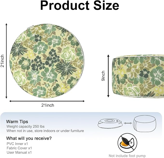 DYTXIII Inflatable Ottoman Stool D21 xH9 for Outdoor/Indoor Use, Water Repellent Patio Foot Rest with Portable Handle,Round Pouf Ottoman Suitable for Garden,Deck and Camping-Green Rose