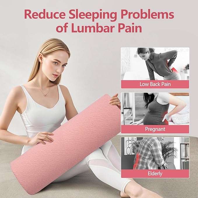 Cozyhealth - 3.15" H*23.6" L - Soft Lumbar Pillow for Sleeping, Memory Foam Back Lumbar Support Cushion for Lower Back Pain Relief Bed Waist Sleep Support Pillow for Side, Back Sleepers (Pink, Large)