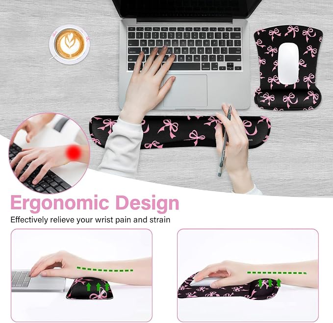 MOSISO Wrist Rest Support for Mouse Pad&Keyboard Set, Pink Bows Ergonomic Mousepad&Coaster Non-Slip Base Home/Office Pain Relief&Easy Typing Cushion with Neoprene Cloth&Raised Memory Foam, Black