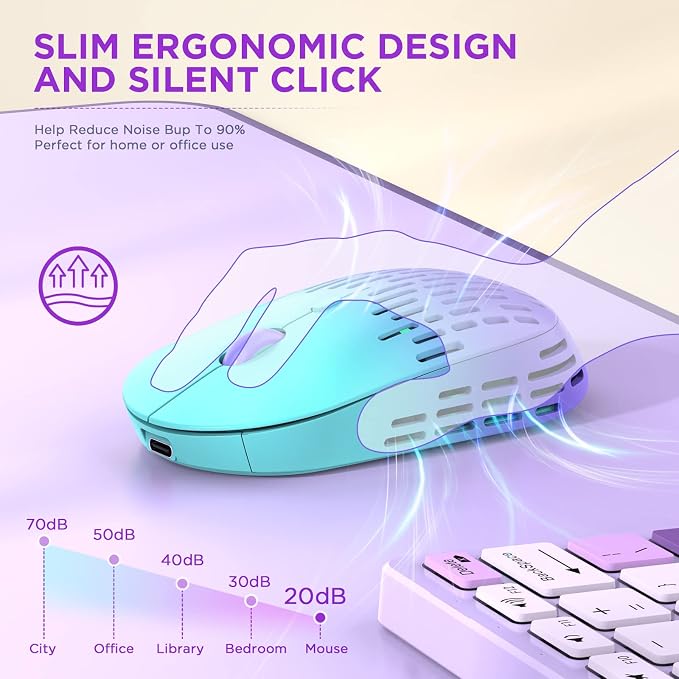 RAPIQUE Bluetooth Wireless Mouse, Dual Mode Rechargeable Silent Computer Mice with 2.4G Type C Receiver, USB C Mouse for MacBook, Laptop, Surface Pro, Chromebook, Tablet (Mint Green to Purple)