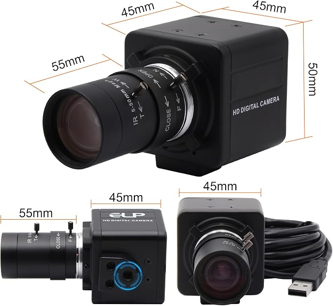 MMlove 8MP USB Camera High Speed 30fps 5-50mm 10X Optical Zoom Lens 2448P USB Webcam Manual Close up Zoom in and Out Golf Swing Camera for Industrial Machine Vision Support PC Raspberry Pi