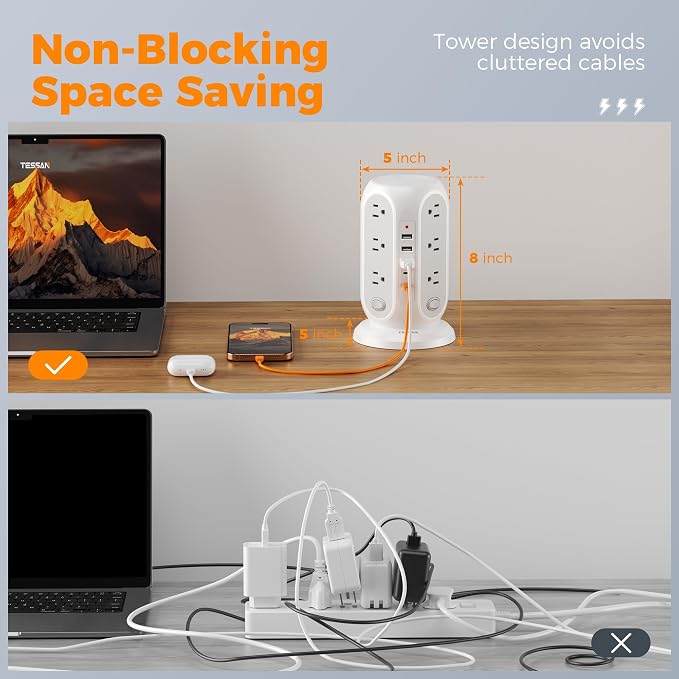 TESSAN Tower Power Strip with Individual Switches, Surge Protector with 12 Outlets, 5 USB Ports(2 USB C), Flat Extension Cord 15 Ft, 1250W, Charging Station for Multiple Devices, Office, Dorm, Grey