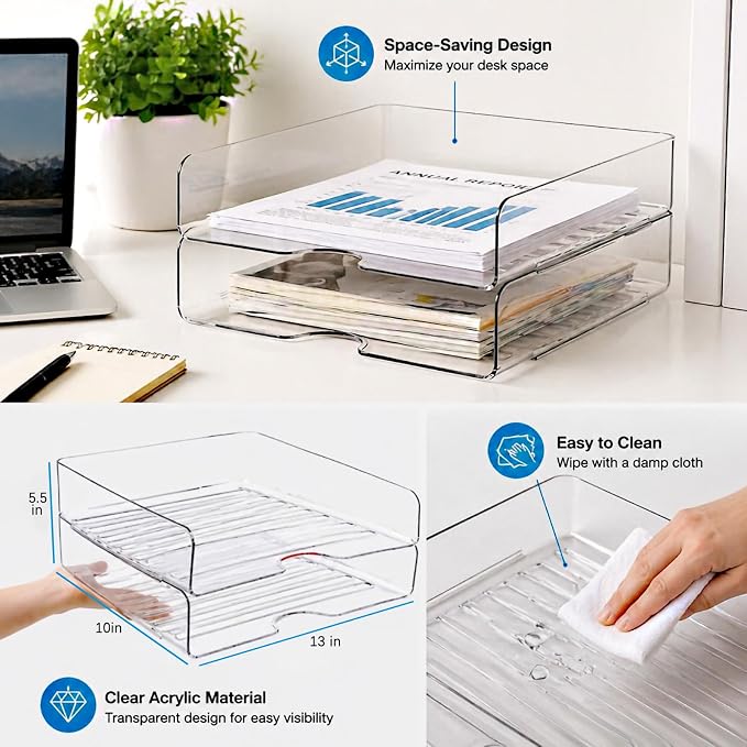 DCA Large Capacity Desk Organizer, 2 Tier Paper Organizer, Letter Tray File Organizer for Desk, Stackable Paper Tray for Office, Home and School