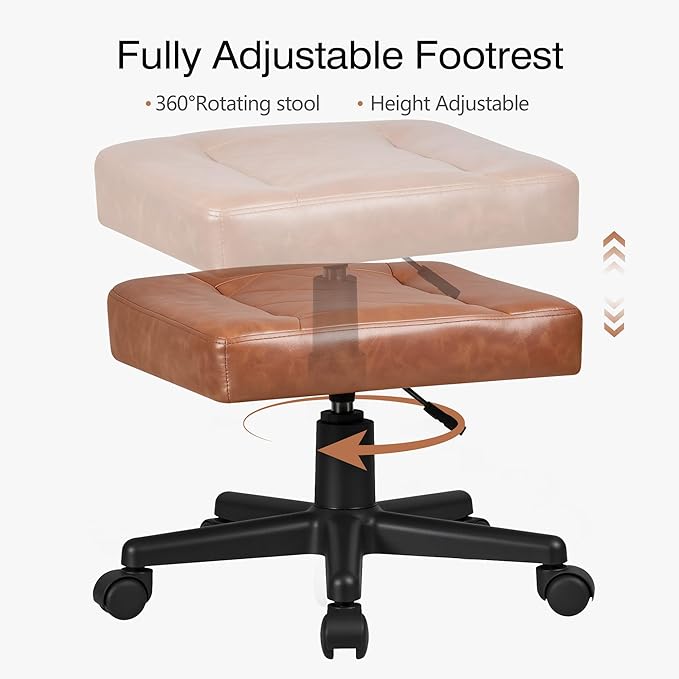 VECELO Under Desk Footrest, PU Ergonomic Foot Rest with Wheels, Comfort Padding, Height Adjustable for Relieving Leg Pain, Stiffness, and etc, Brown