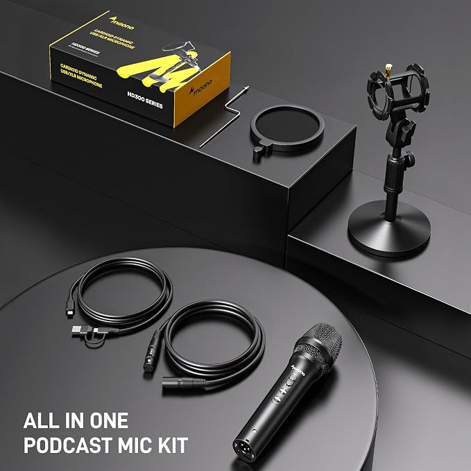 MAONO USB/XLR Podcast Dynamic Microphone, Studio Mic Kit with Volume Control, Shock Mount, Pop Filter, Ideal for Vocal, Instruments Recording, Voice Over, Live Streaming (HD300T)