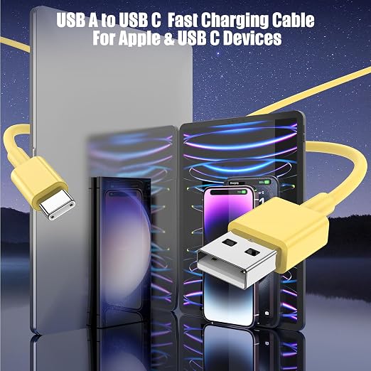 3-Pack Yellow [3.3FT+3.3FT+6FT] USB A to USB C Cable，USB to USB C Car Carplay Cable for iPhone 16 15 Pro Plus Pro Max，for iPad Pro/Air/Mini，for Samsung S24/S23/S22/S21，for MacBook Pro/Air and More