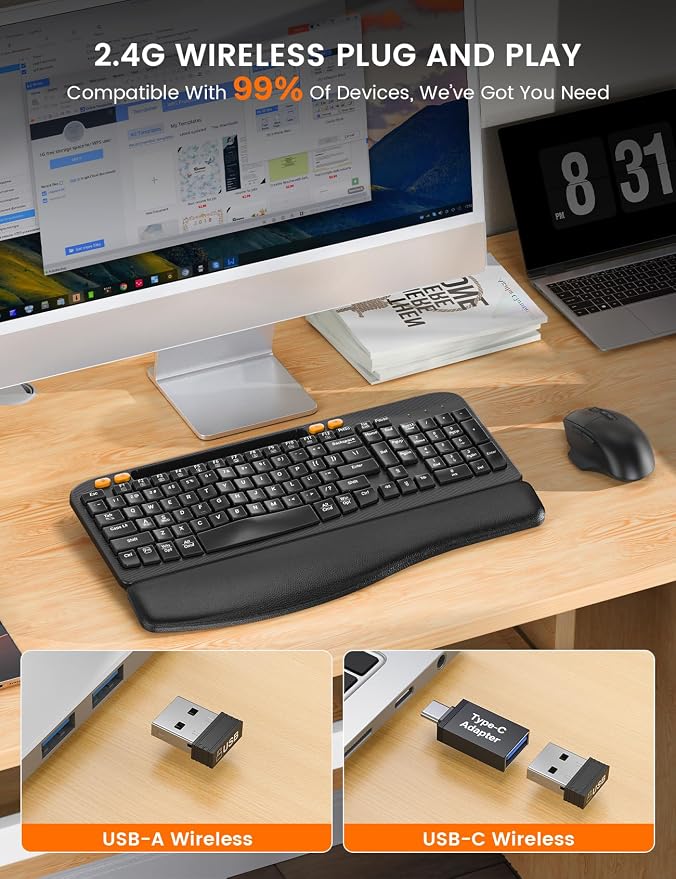 Wireless Keyboard and Mouse Combo, Ergonomic Wave Keys, Cushioned Palm Rest, Rechargeable, Phone Holder, Natural Typing, 2.4G Lag-Free, MA22 Plus Full Size Keyboards Set for Windows/Mac -SABLUTE