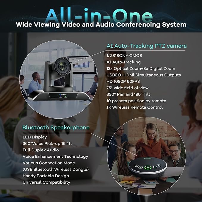 12x Zoom Conference Room Video Camera System, Al Auto-Tracking HD 1080P 60fps 12X Optical Zoom USB3.0 HDMI PTZ Camera 75° FOV and Bluetooth Conference Speaker with Microphones Bundle for Medium Room